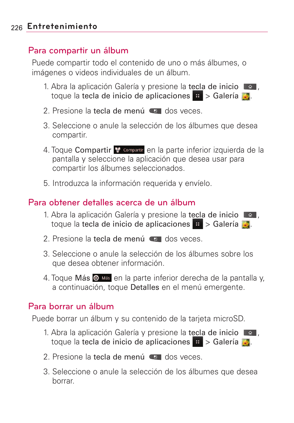 Para compartir un álbum, Para obtener detalles acerca de un álbum, Para borrar un álbum | LG VS660 User Manual | Page 561 / 692