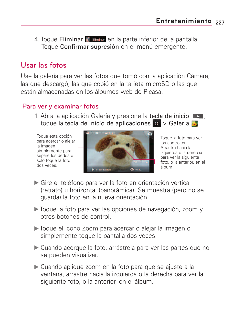 Usar las fotos, Entretenimiento, Para ver y examinar fotos | LG VS660 User Manual | Page 562 / 692