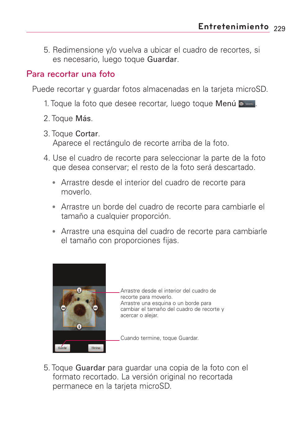 Para recortar una foto, Entretenimiento | LG VS660 User Manual | Page 564 / 692