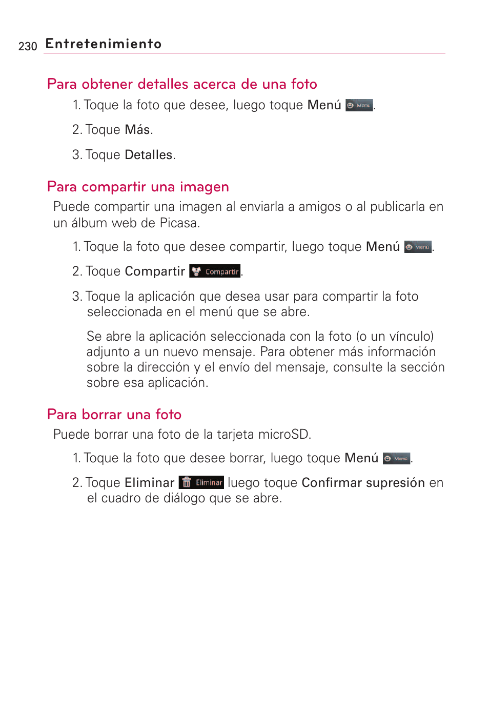 Para obtener detalles acerca de una foto, Para compartir una imagen, Para borrar una foto | LG VS660 User Manual | Page 565 / 692