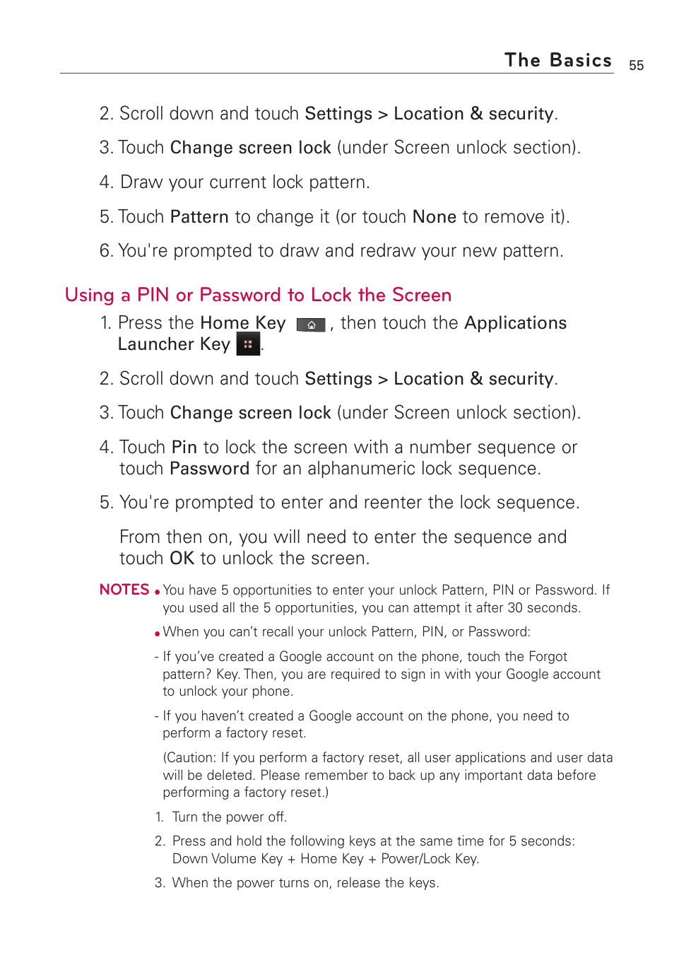 Using a pin or password to lock the screen, The basics | LG VS660 User Manual | Page 57 / 692