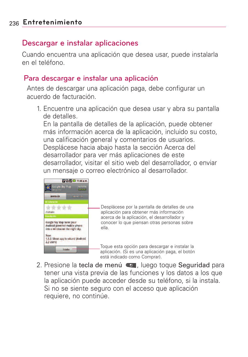 Descargar e instalar aplicac, Descargar e instalar aplicaciones, Para descargar e instalar una aplicación | Entretenimiento | LG VS660 User Manual | Page 571 / 692