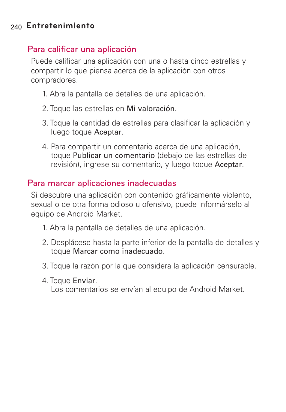 Para calificar una aplicación, Para marcar aplicaciones inadecuadas | LG VS660 User Manual | Page 575 / 692