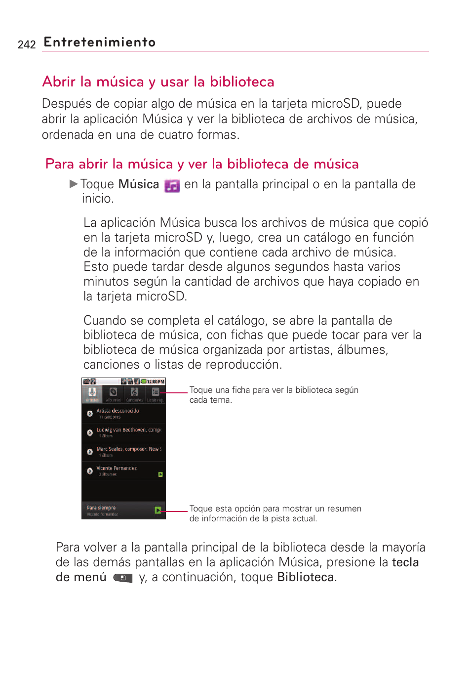 Abrir la música y usar la bi, Abrir la música y usar la biblioteca, Para abrir la música y ver la biblioteca de música | Entretenimiento | LG VS660 User Manual | Page 577 / 692