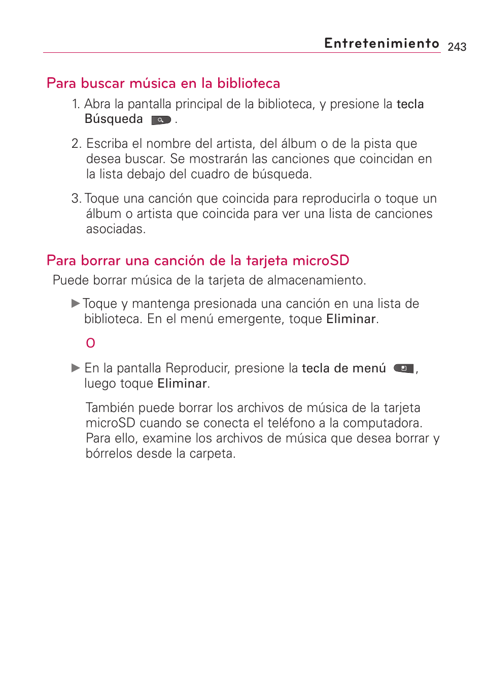 Para buscar música en la biblioteca, Para borrar una canción de la tarjeta microsd, Entretenimiento | LG VS660 User Manual | Page 578 / 692