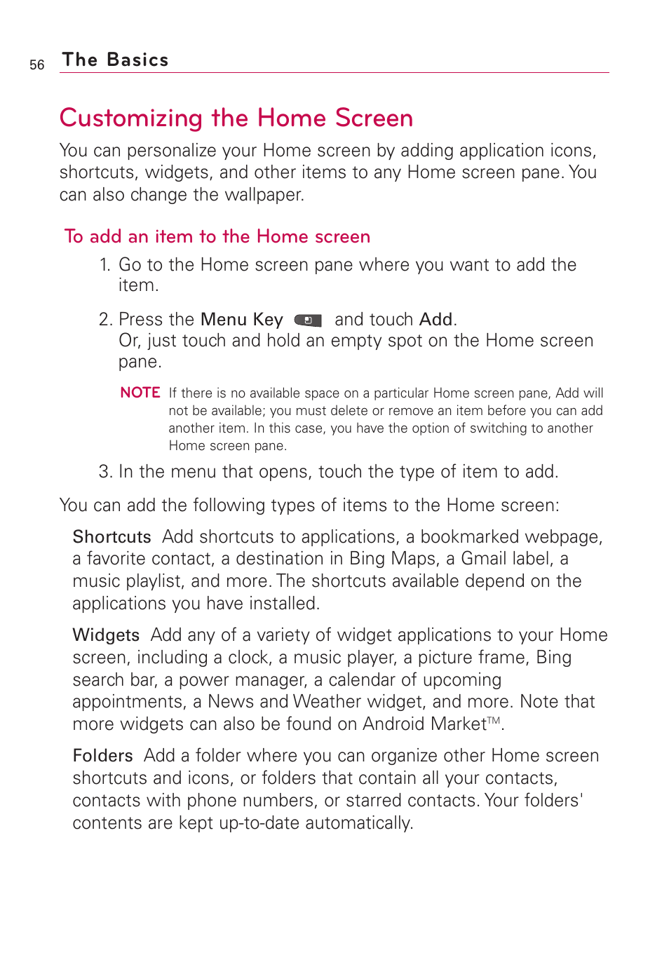 Customizing the home screen, The basics | LG VS660 User Manual | Page 58 / 692