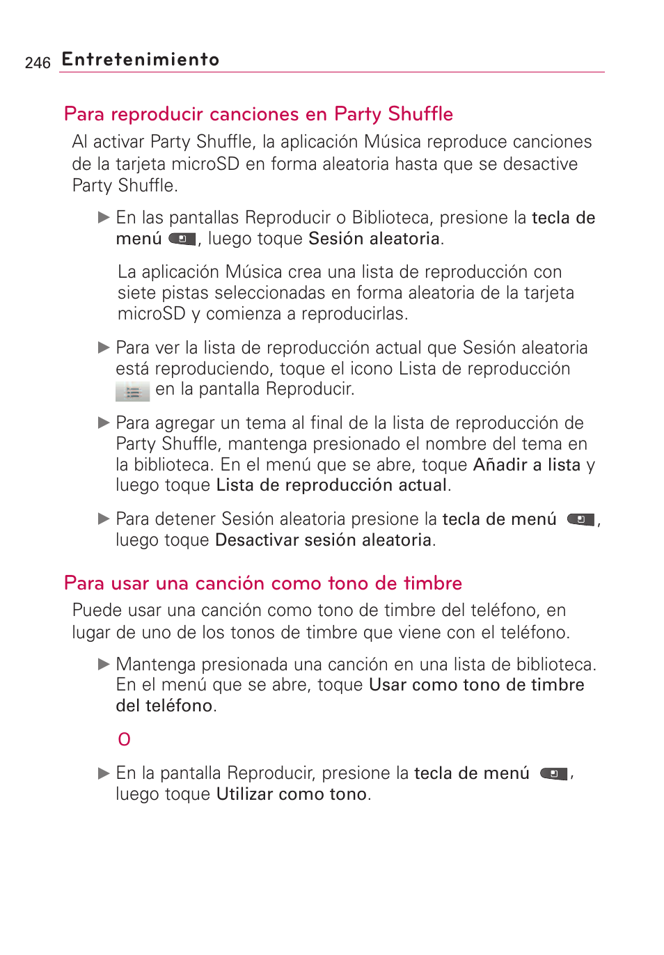 Para reproducir canciones en party shuffle, Para usar una canción como tono de timbre, Entretenimiento | LG VS660 User Manual | Page 581 / 692