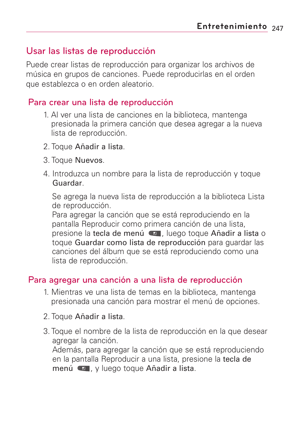 Usar las listas de reproducción, Para crear una lista de reproducción | LG VS660 User Manual | Page 582 / 692