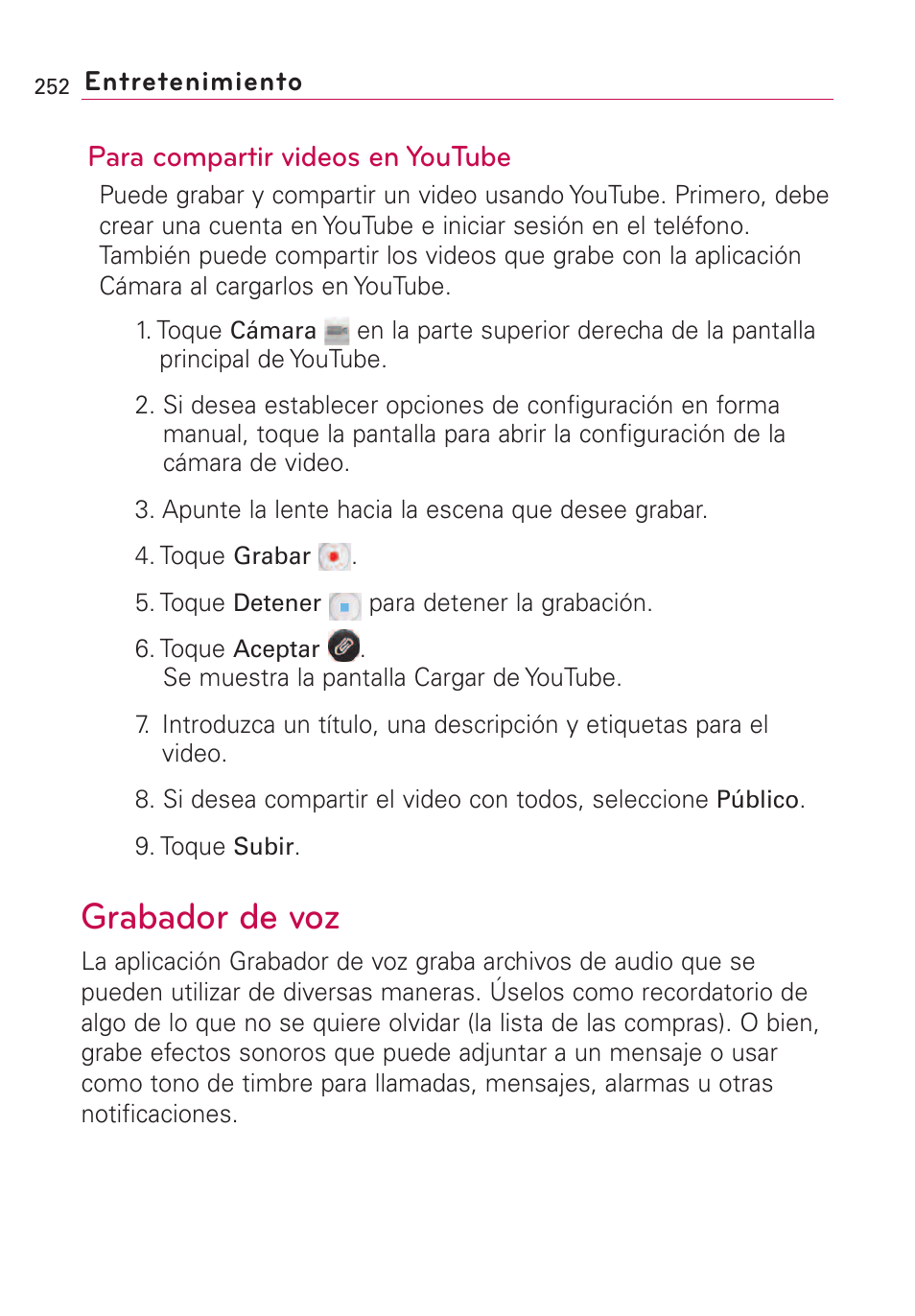 Grabador de voz, Para compartir videos en youtube | LG VS660 User Manual | Page 587 / 692