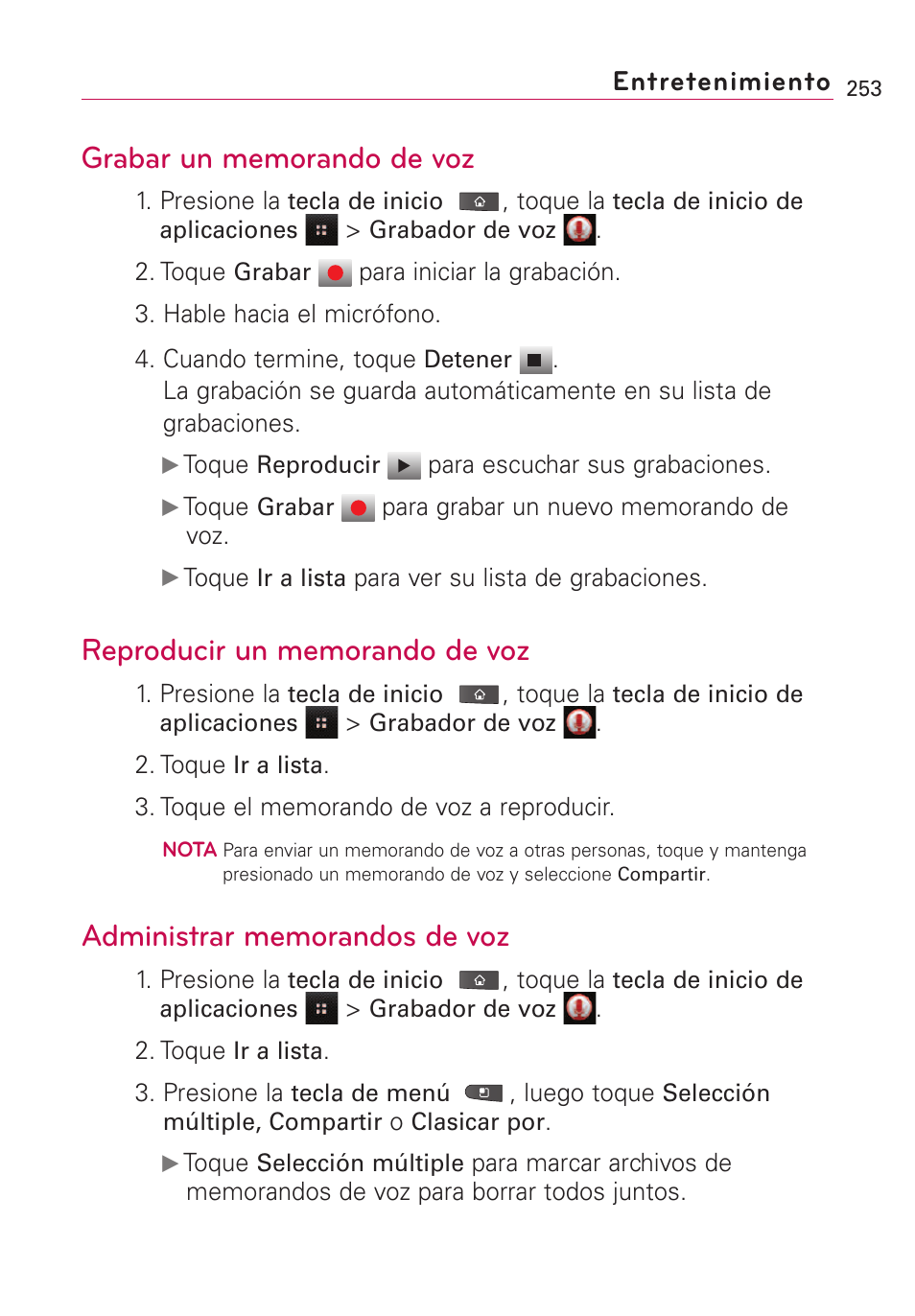 Grabar un memorando de voz, Reproducir un memorando de voz, Administrar memorandos de voz | Entretenimiento | LG VS660 User Manual | Page 588 / 692