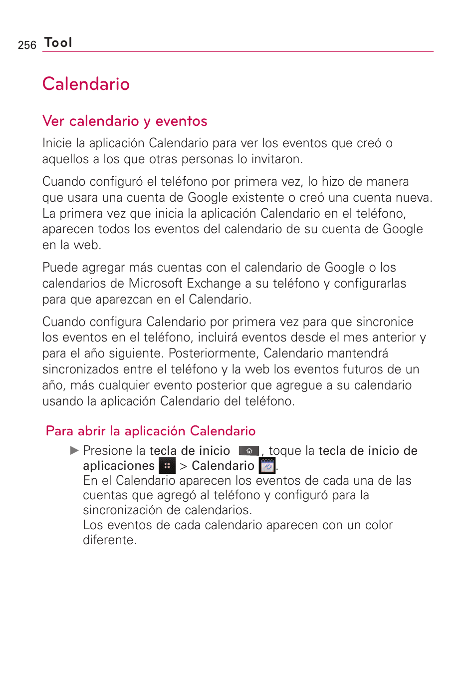 Tool, Calendario, Ver calendario y eventos | LG VS660 User Manual | Page 591 / 692