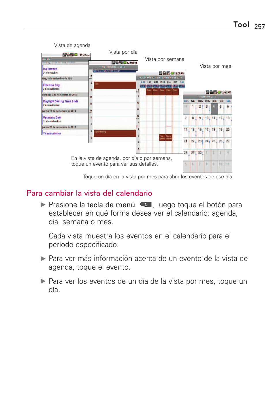 Para cambiar la vista del calendario, Tool, Presione la | LG VS660 User Manual | Page 592 / 692