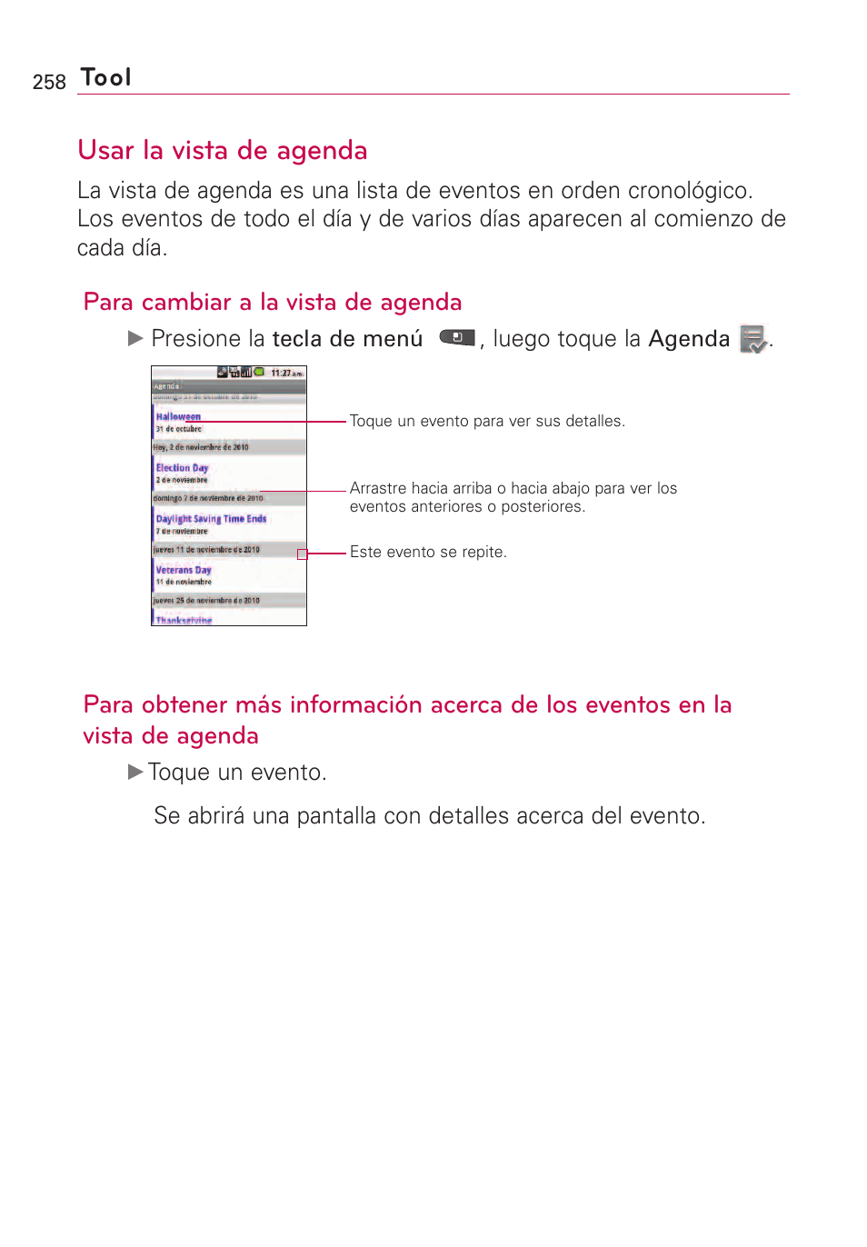 Usar la vista de agenda, Tool, Para cambiar a la vista de agenda | LG VS660 User Manual | Page 593 / 692