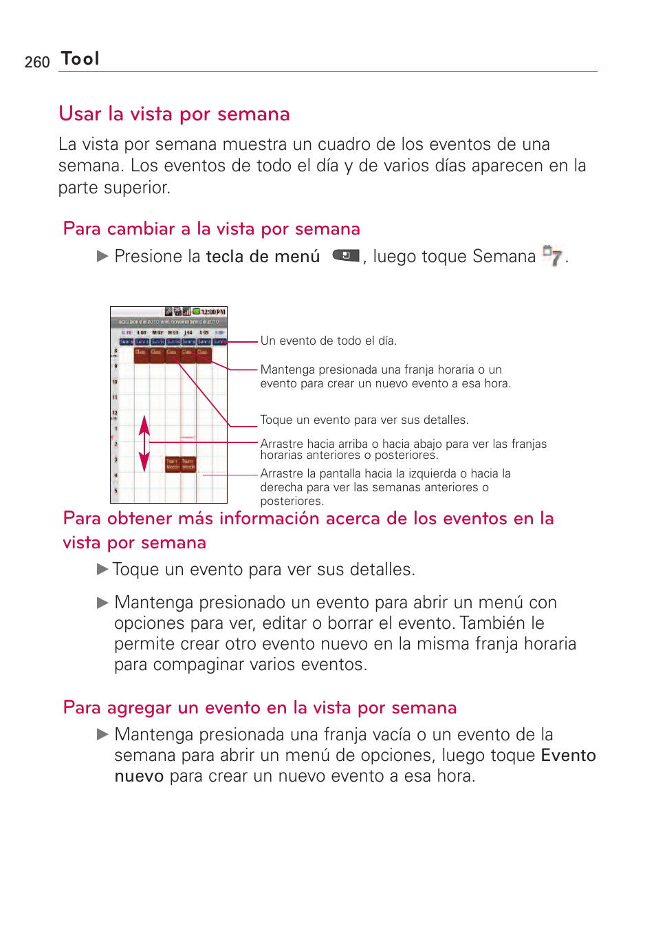 Usar la vista por semana, Tool, Para cambiar a la vista por semana | Para agregar un evento en la vista por semana | LG VS660 User Manual | Page 595 / 692