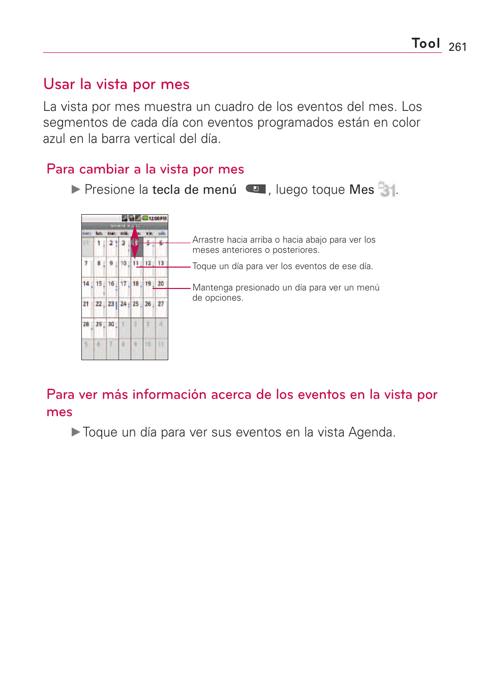 Usar la vista por mes, Para cambiar a la vista por mes, Tool | LG VS660 User Manual | Page 596 / 692