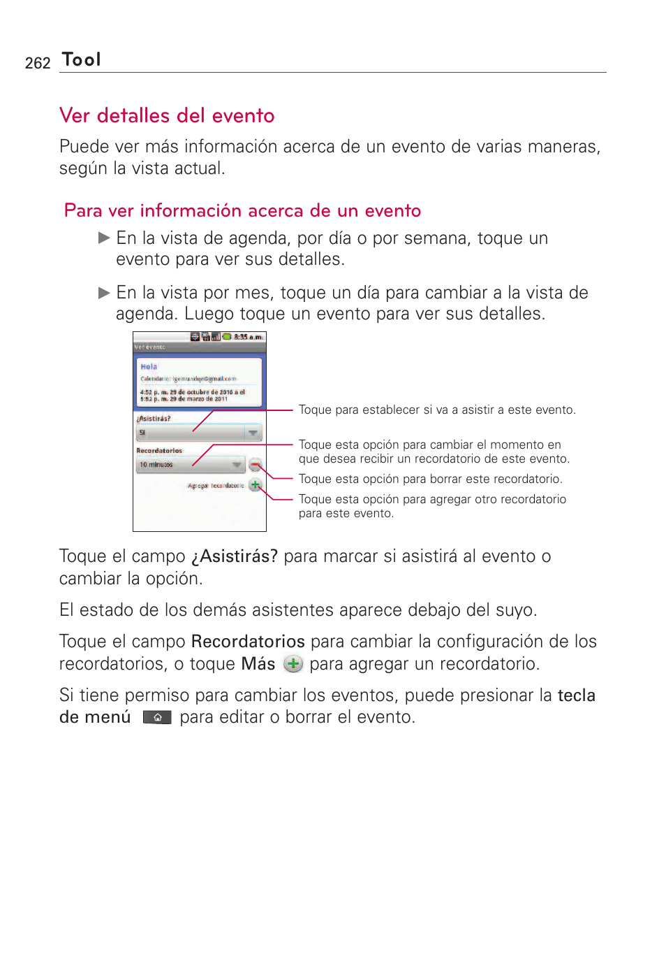 Ver detalles del evento, Tool, Para ver información acerca de un evento | LG VS660 User Manual | Page 597 / 692