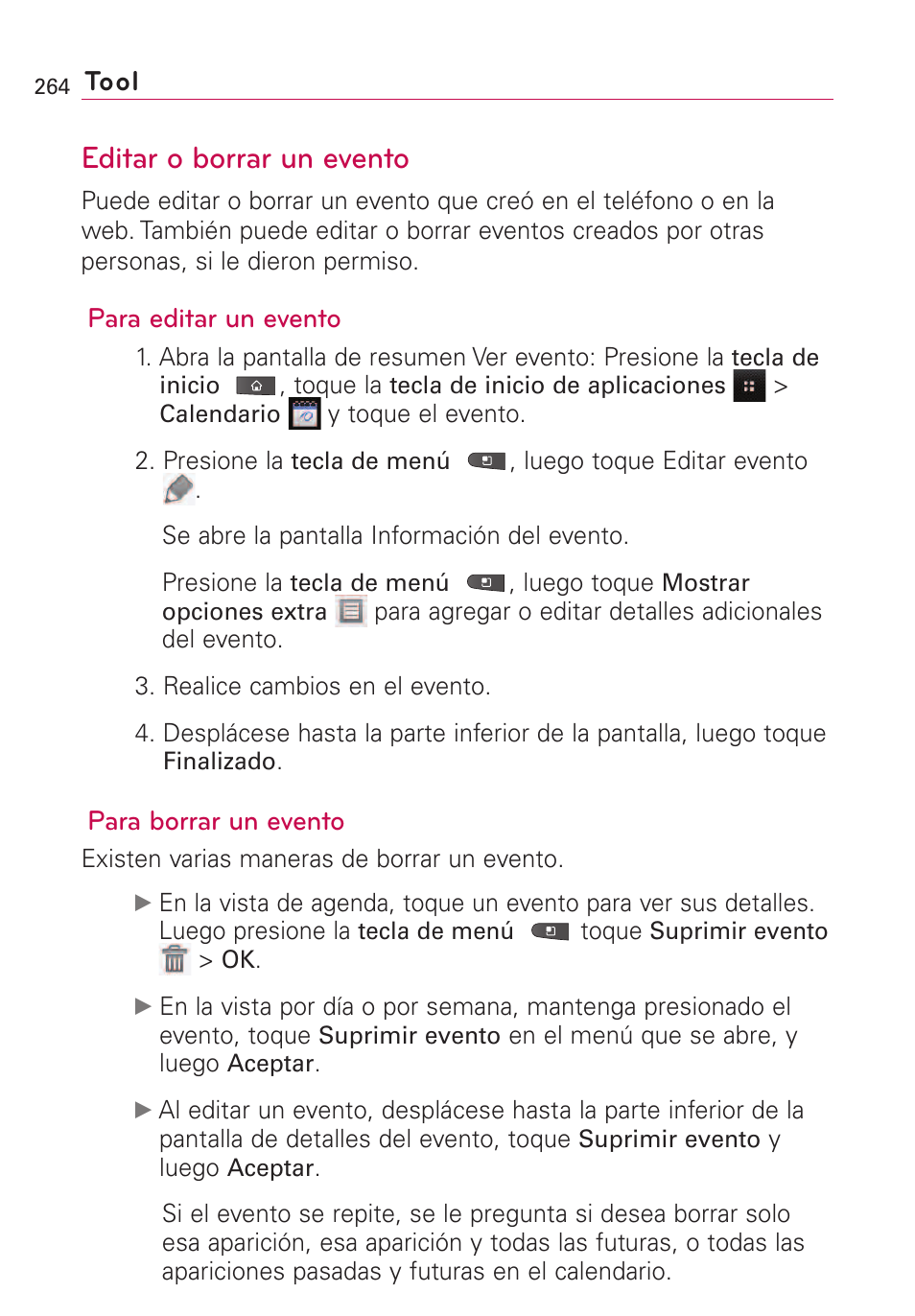 Editar o borrar un evento, Tool, Para editar un evento | Para borrar un evento | LG VS660 User Manual | Page 599 / 692