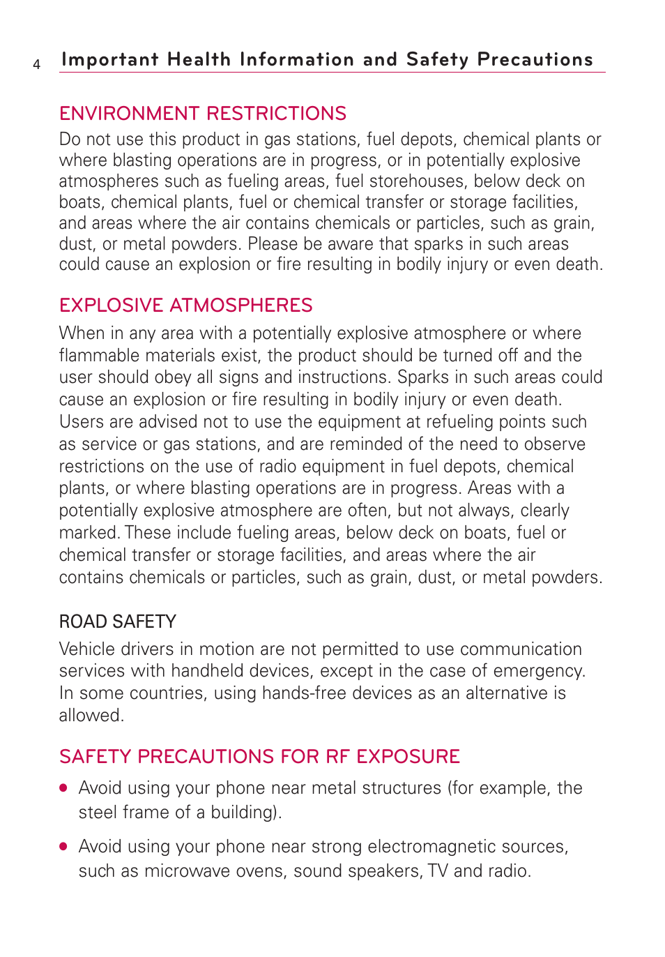 Environment restrictions, Explosive atmospheres, Safety precautions for rf exposure | LG VS660 User Manual | Page 6 / 692