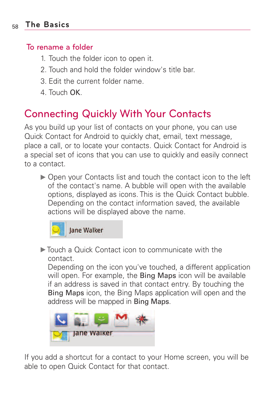 Connecting quickly with your, Connecting quickly with your contacts | LG VS660 User Manual | Page 60 / 692