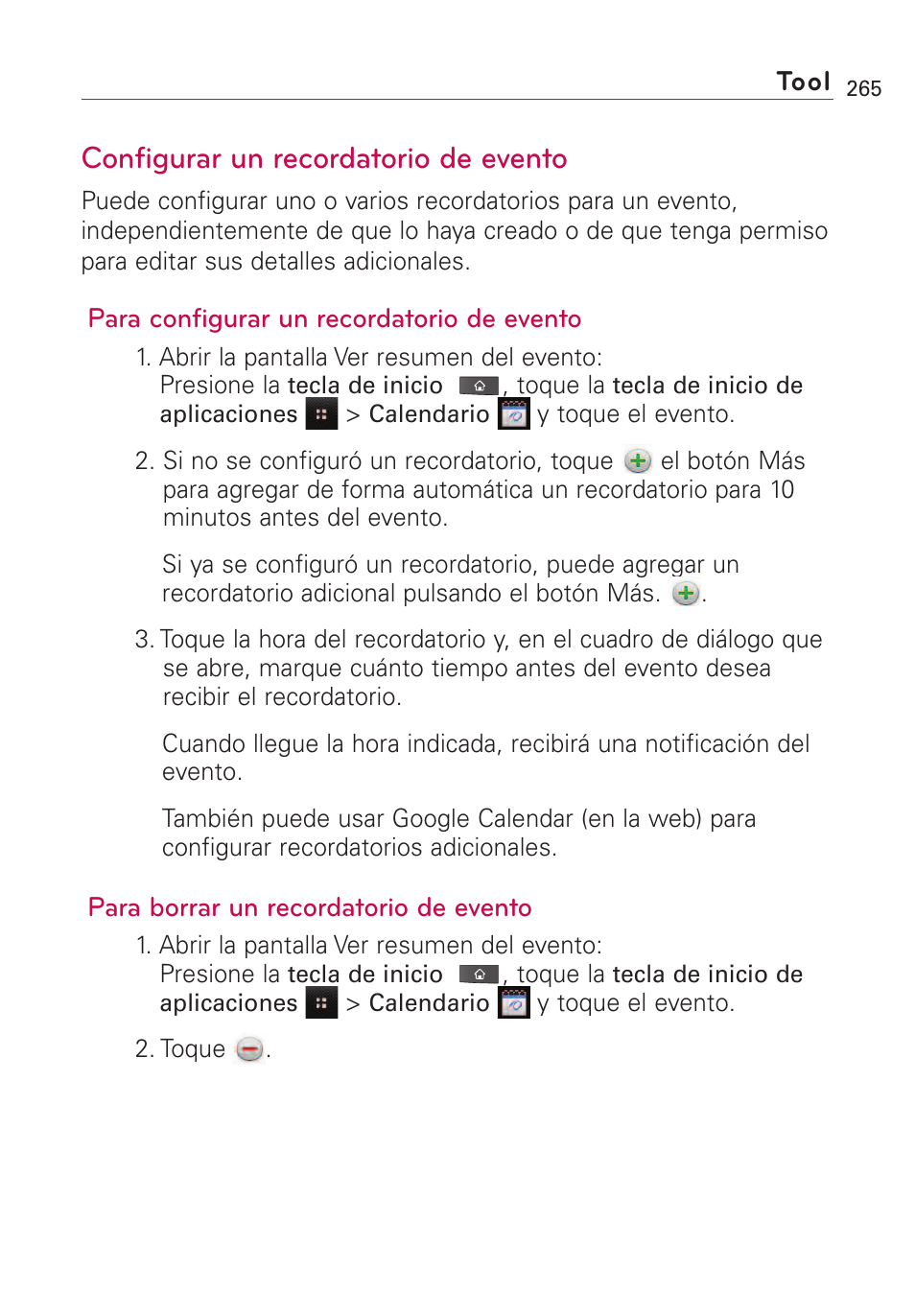 Configurar un recordatorio d, Configurar un recordatorio de evento | LG VS660 User Manual | Page 600 / 692
