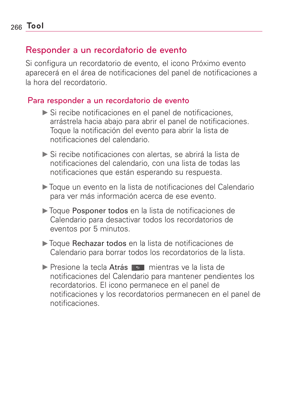 Responder a un recordatorio, Responder a un recordatorio de evento, Tool | Para responder a un recordatorio de evento | LG VS660 User Manual | Page 601 / 692