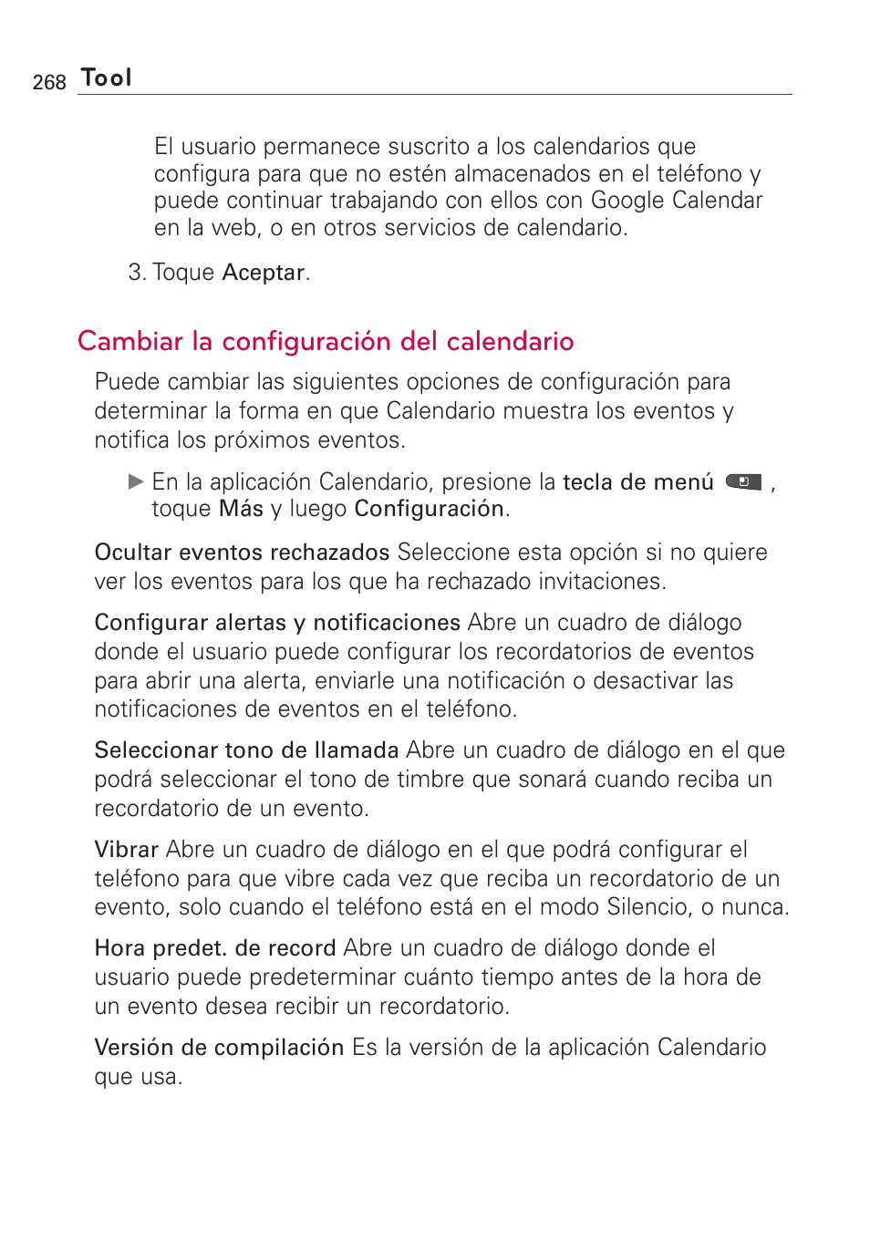 Cambiar la configuración del, Cambiar la configuración del calendario | LG VS660 User Manual | Page 603 / 692