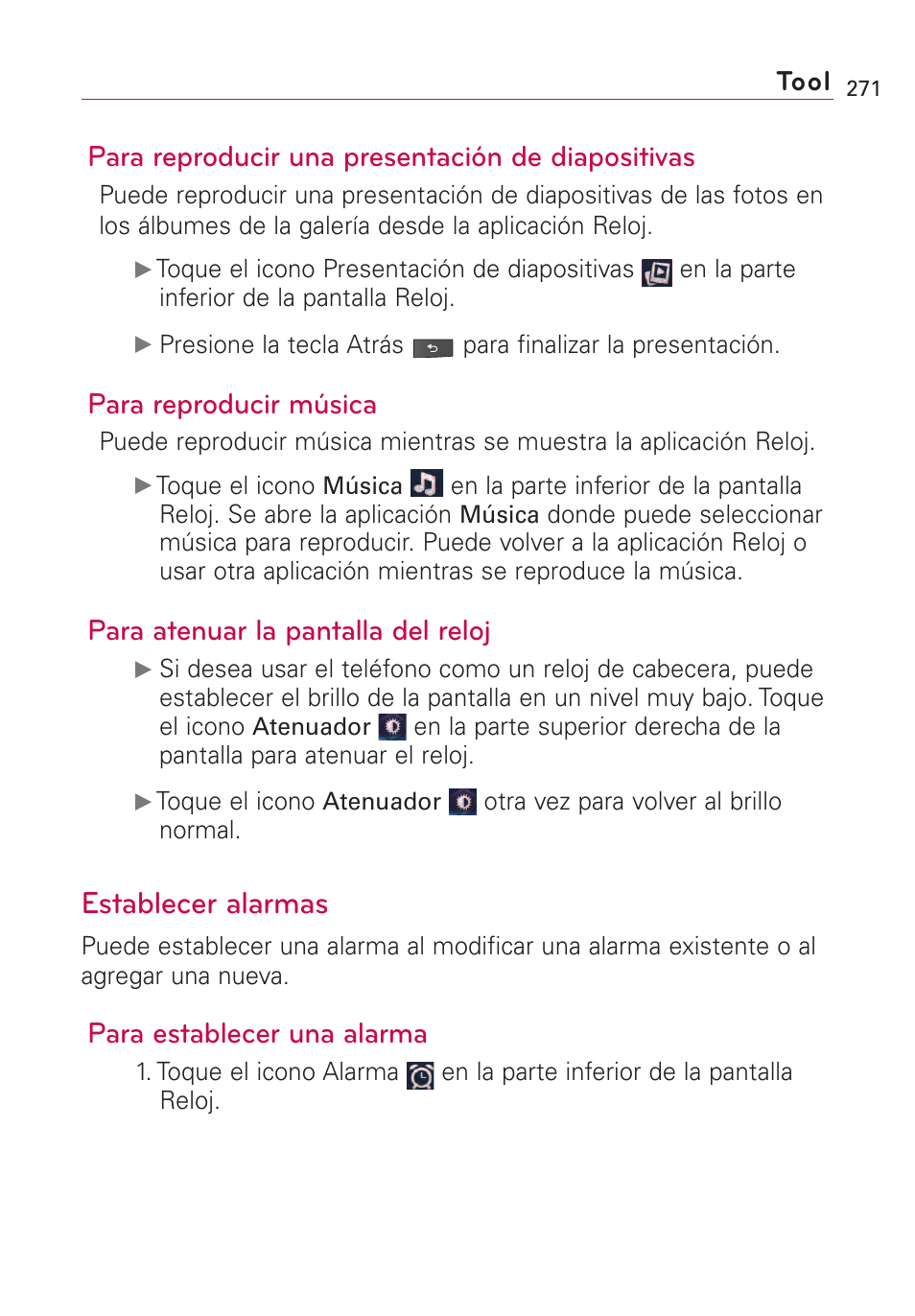 Establecer alarmas, Para reproducir una presentación de diapositivas, Para reproducir música | Para atenuar la pantalla del reloj, Para establecer una alarma, Tool | LG VS660 User Manual | Page 606 / 692