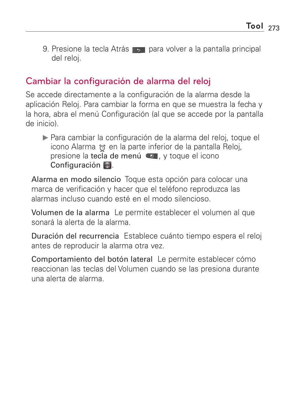 Cambiar la configuración de, Cambiar la configuración de alarma del reloj | LG VS660 User Manual | Page 608 / 692