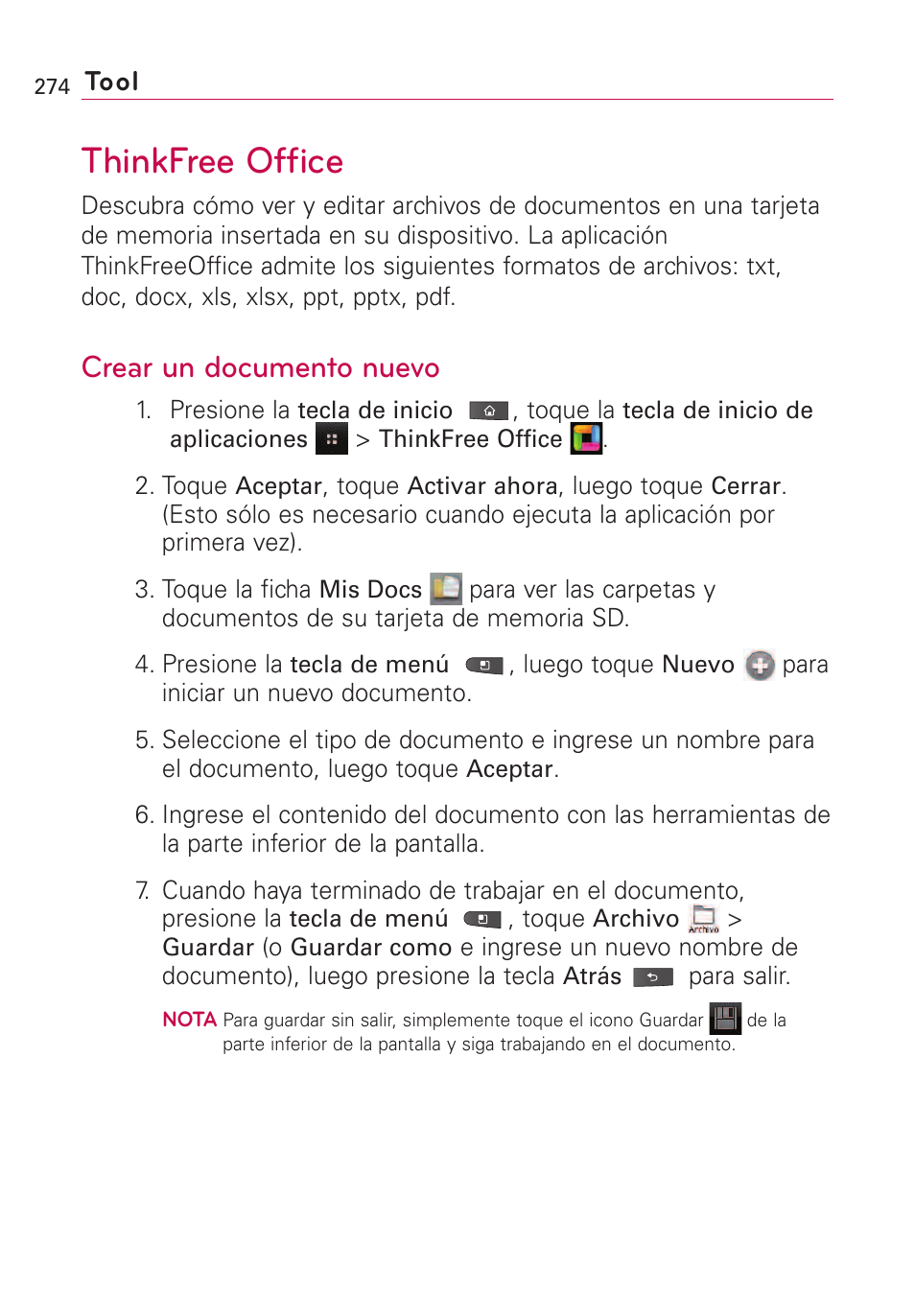 Thinkfree office, Crear un documento nuevo | LG VS660 User Manual | Page 609 / 692