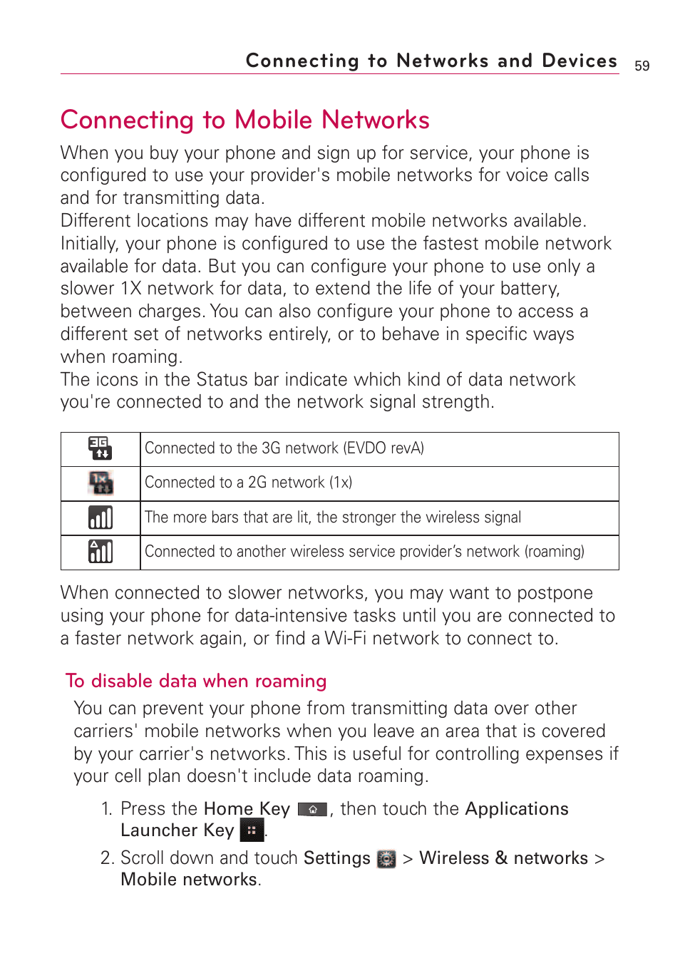 Connecting to networks and d, Connecting to mobile networks, Connecting to networks and devices | LG VS660 User Manual | Page 61 / 692