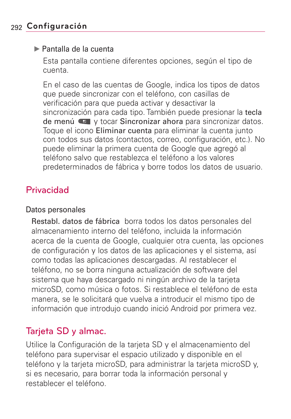 Privacidad, Tarjeta sd y almac, Privacidad tarjeta sd y almac | LG VS660 User Manual | Page 627 / 692