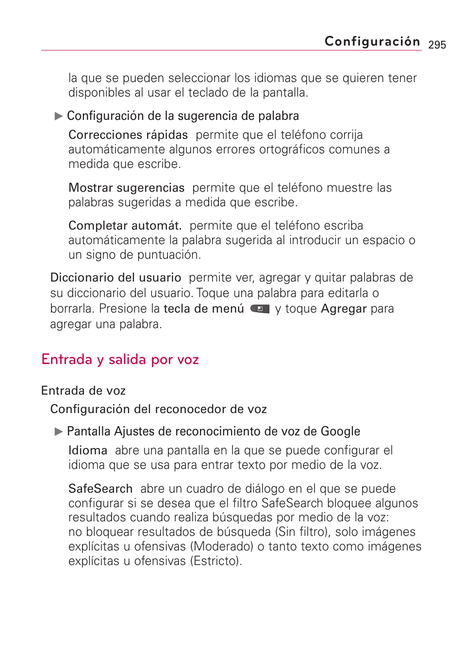 Entrada y salida por voz, Configuración | LG VS660 User Manual | Page 630 / 692