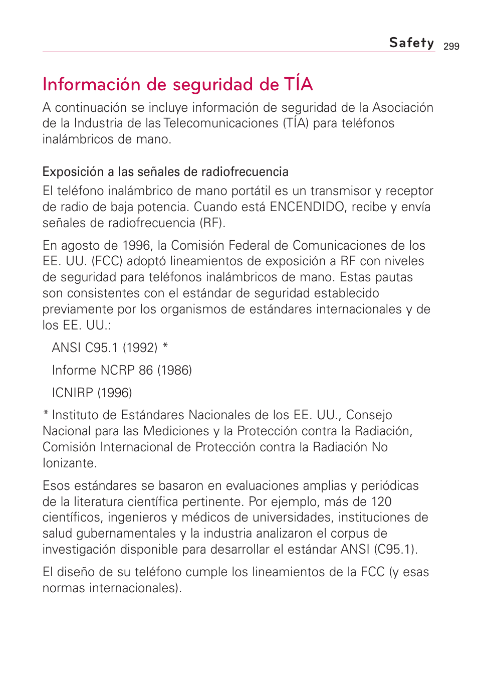 Safety, Información de seguridad de tía | LG VS660 User Manual | Page 634 / 692