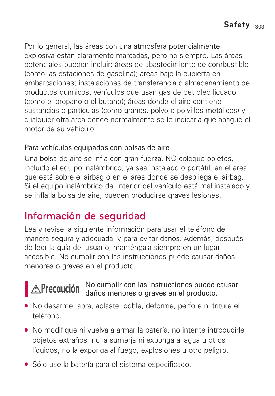 Información de seguridad, Precaución | LG VS660 User Manual | Page 638 / 692