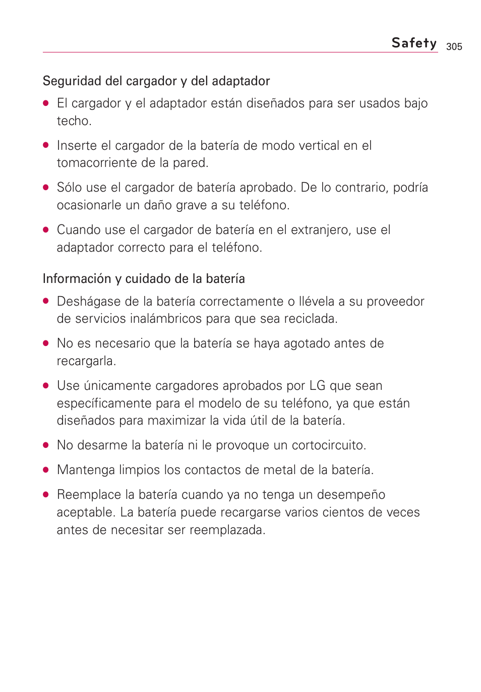 Safety, Seguridad del cargador y del adaptador | LG VS660 User Manual | Page 640 / 692