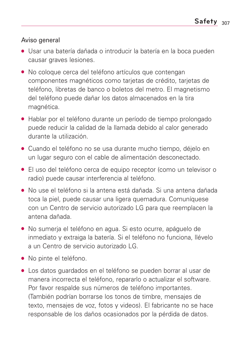 Safety, Aviso general, No pinte el teléfono | LG VS660 User Manual | Page 642 / 692
