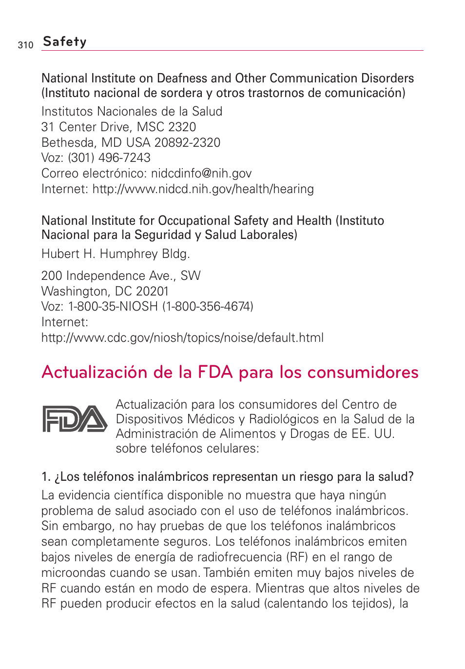 Actualización de la fda para, Actualización de la fda para los consumidores | LG VS660 User Manual | Page 645 / 692