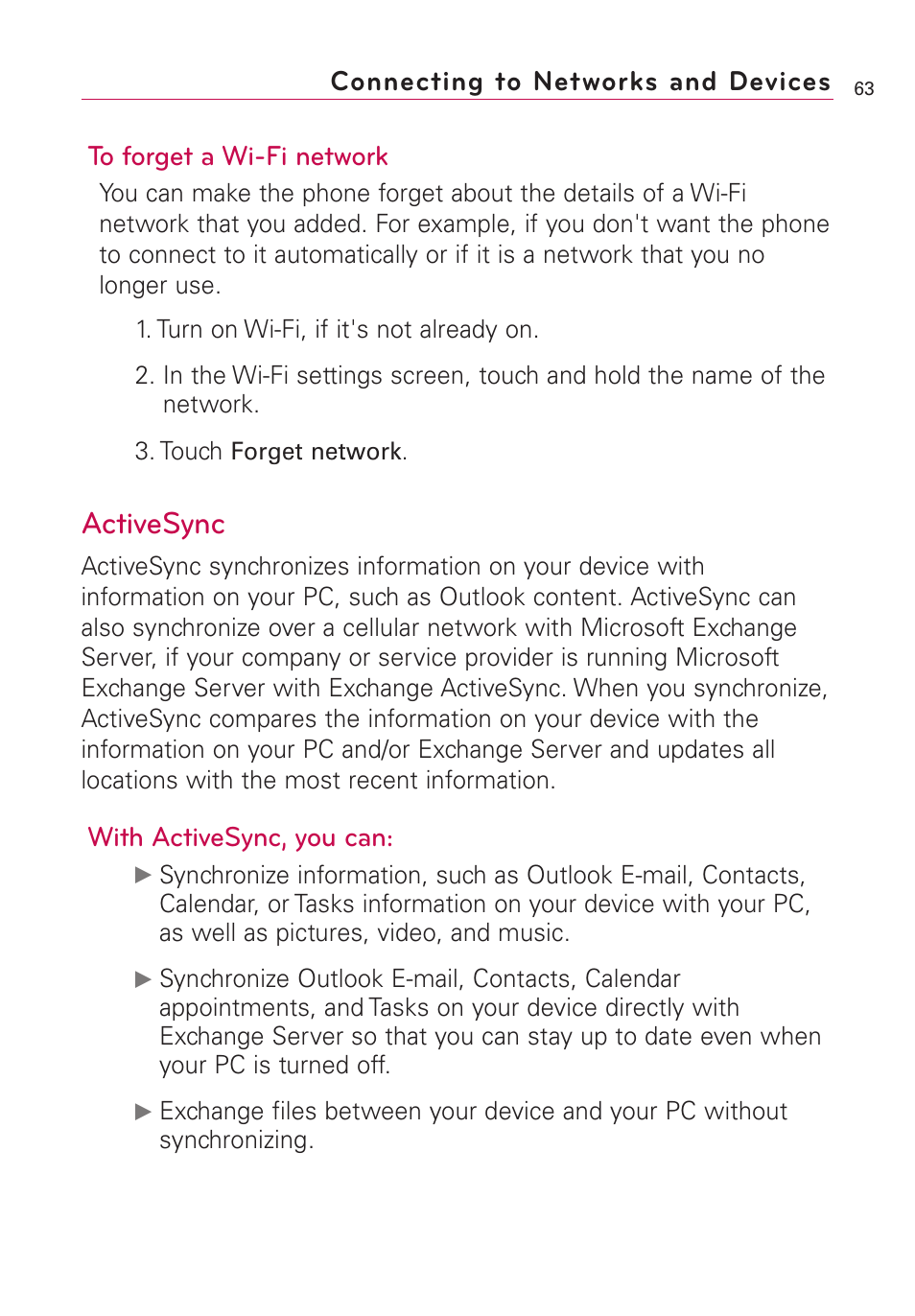 Activesync, With activesync, you can, Connecting to networks and devices | LG VS660 User Manual | Page 65 / 692