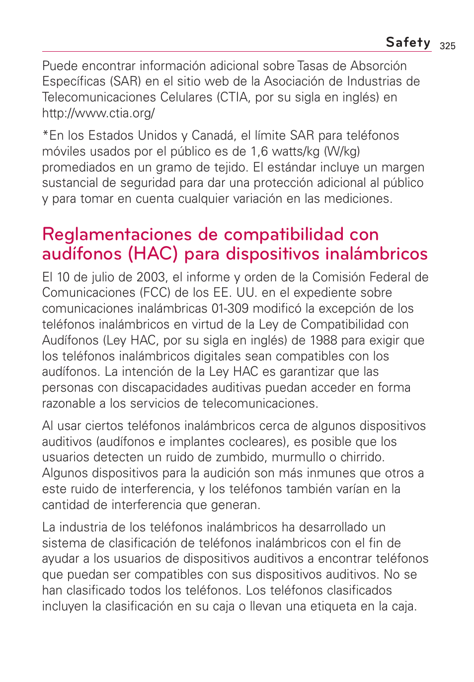 Reglamentaciones de compatib, Para dispositivos inalámbricos | LG VS660 User Manual | Page 660 / 692