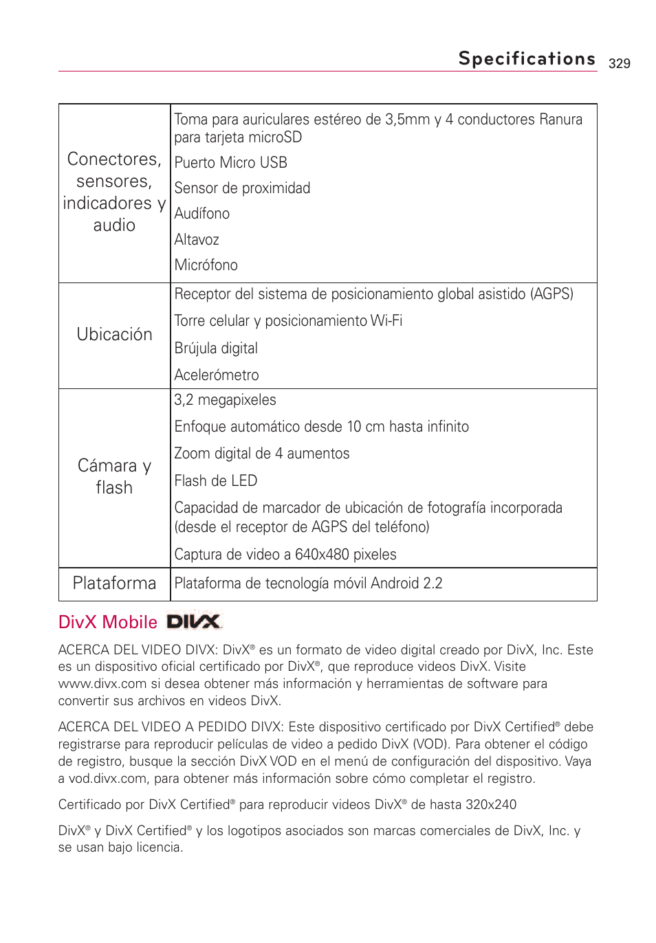 Specifications, Divx mobile, Conectores, sensores, indicadores y audio | Ubicación, Cámara y flash, Plataforma | LG VS660 User Manual | Page 664 / 692