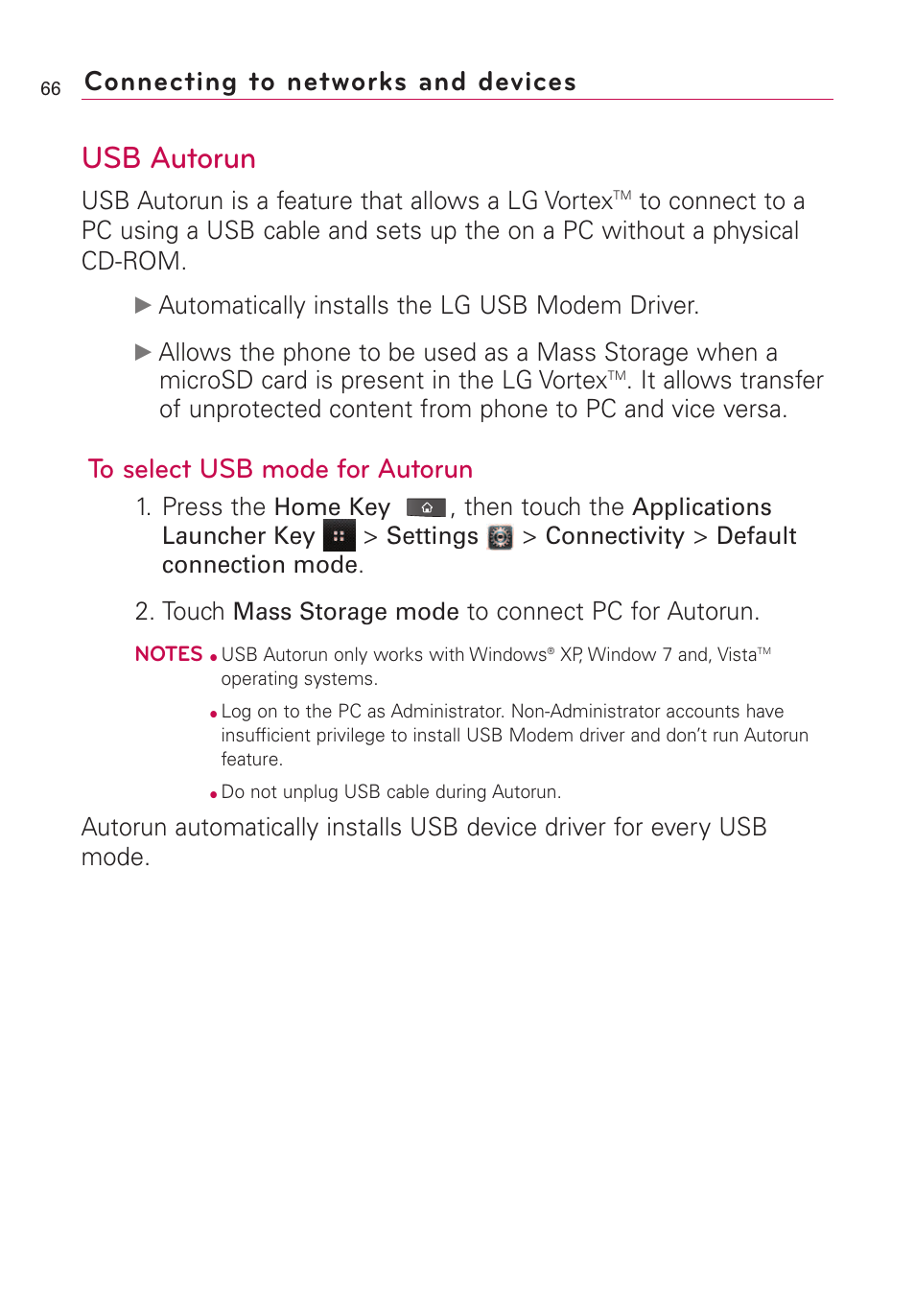Usb autorun, Connecting to networks and devices | LG VS660 User Manual | Page 68 / 692
