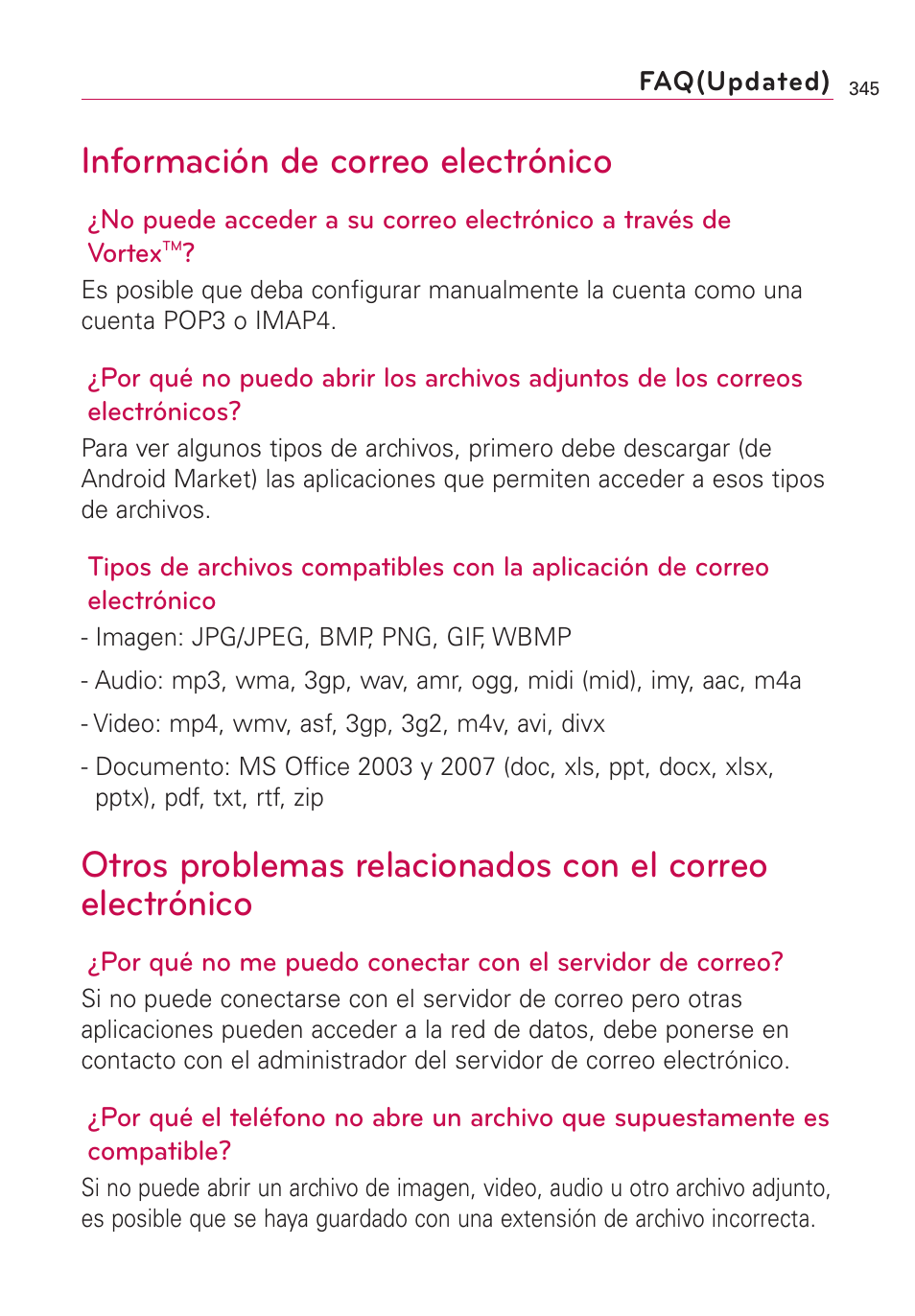 Información de correo electr, Otros problemas relacionados, Información de correo electrónico | LG VS660 User Manual | Page 680 / 692