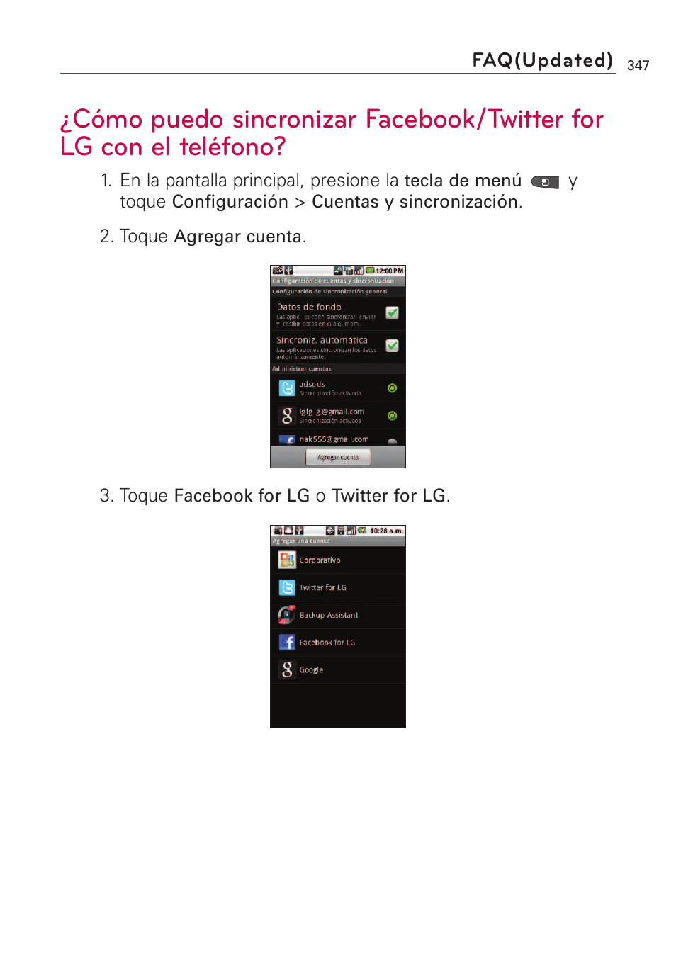 Cómo puedo sincronizar face, Cómo puedo sincronizar facebook/twitter for lg con, El teléfono | LG VS660 User Manual | Page 682 / 692