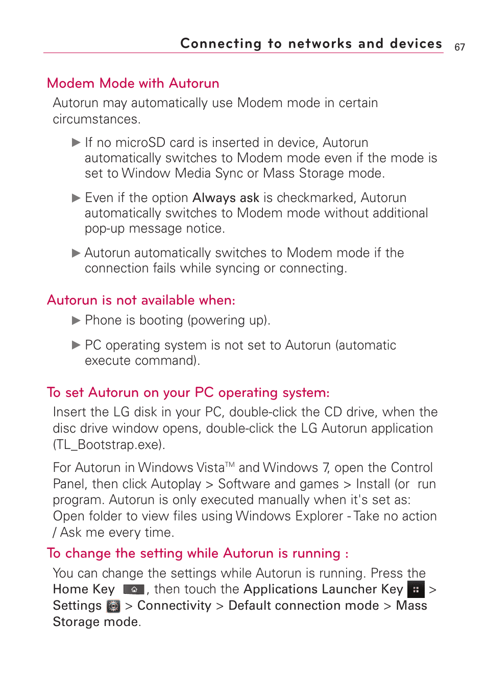 Modem mode with autorun, Autorun is not available when, Connecting to networks and devices | LG VS660 User Manual | Page 69 / 692