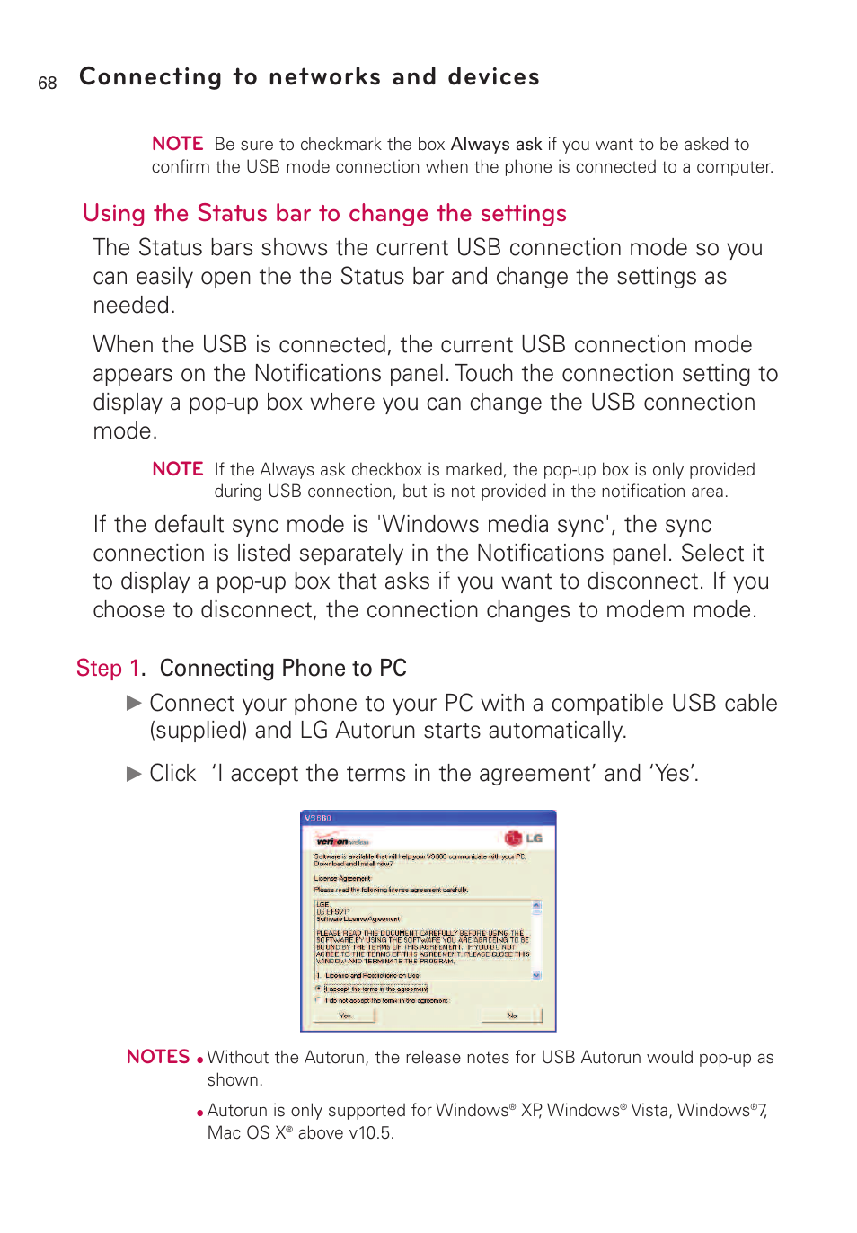 Using the status bar to change the settings, Connecting to networks and devices | LG VS660 User Manual | Page 70 / 692