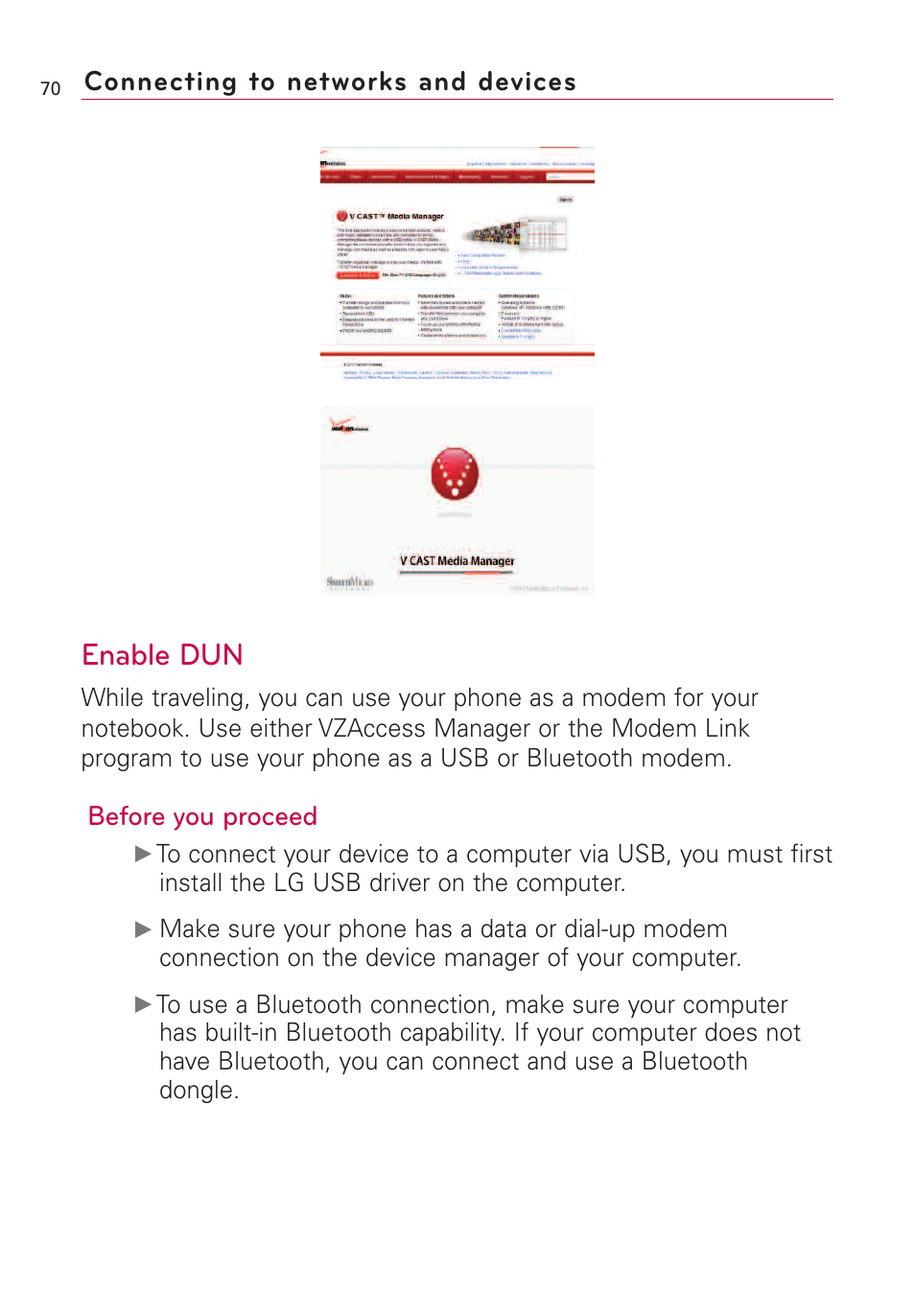 Enable dun, Before you proceed, Connecting to networks and devices | LG VS660 User Manual | Page 72 / 692