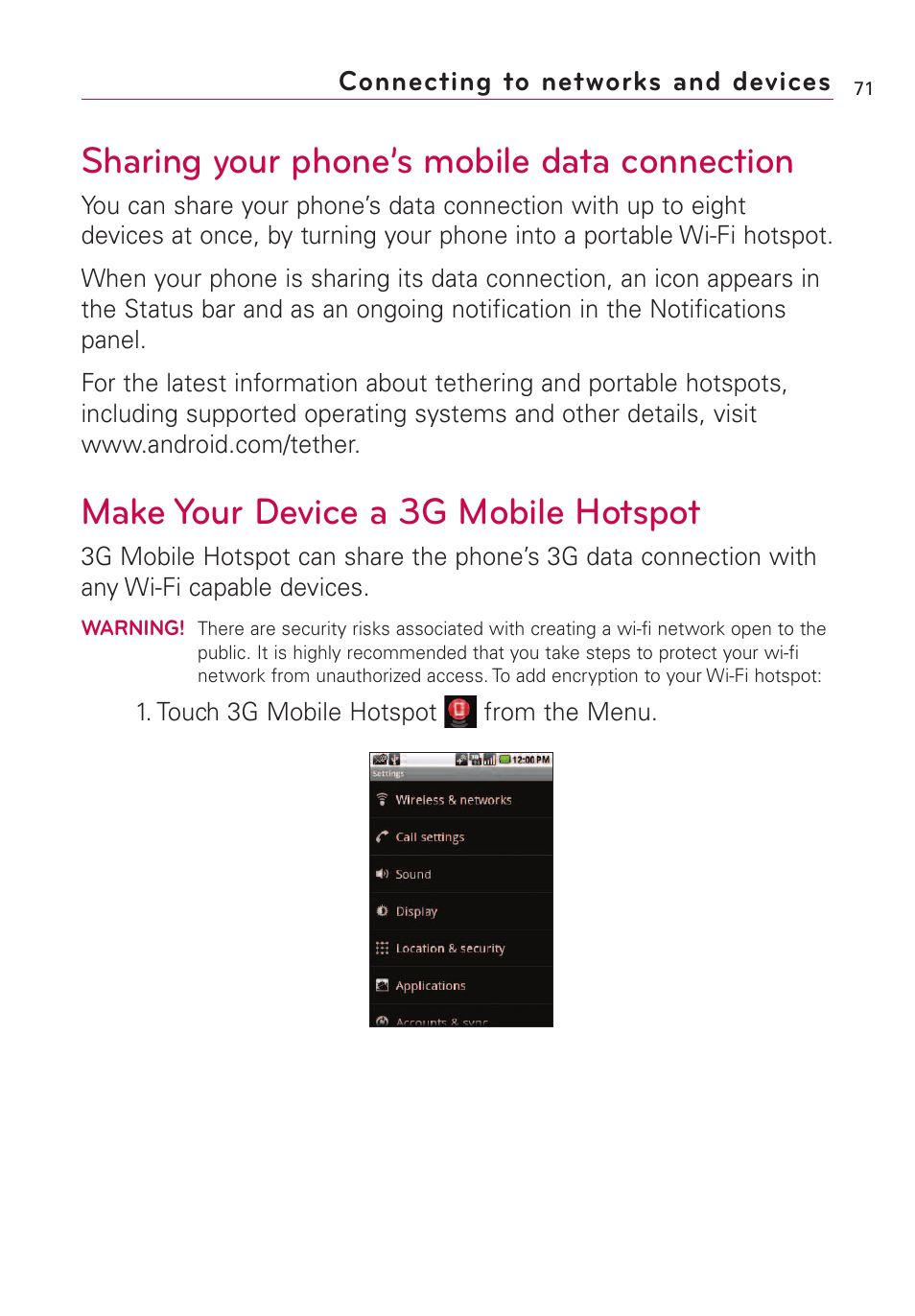Sharing your phone’s mobile, Make your device a 3g mobile, Sharing your phone’s mobile data connection | Make your device a 3g mobile hotspot | LG VS660 User Manual | Page 73 / 692