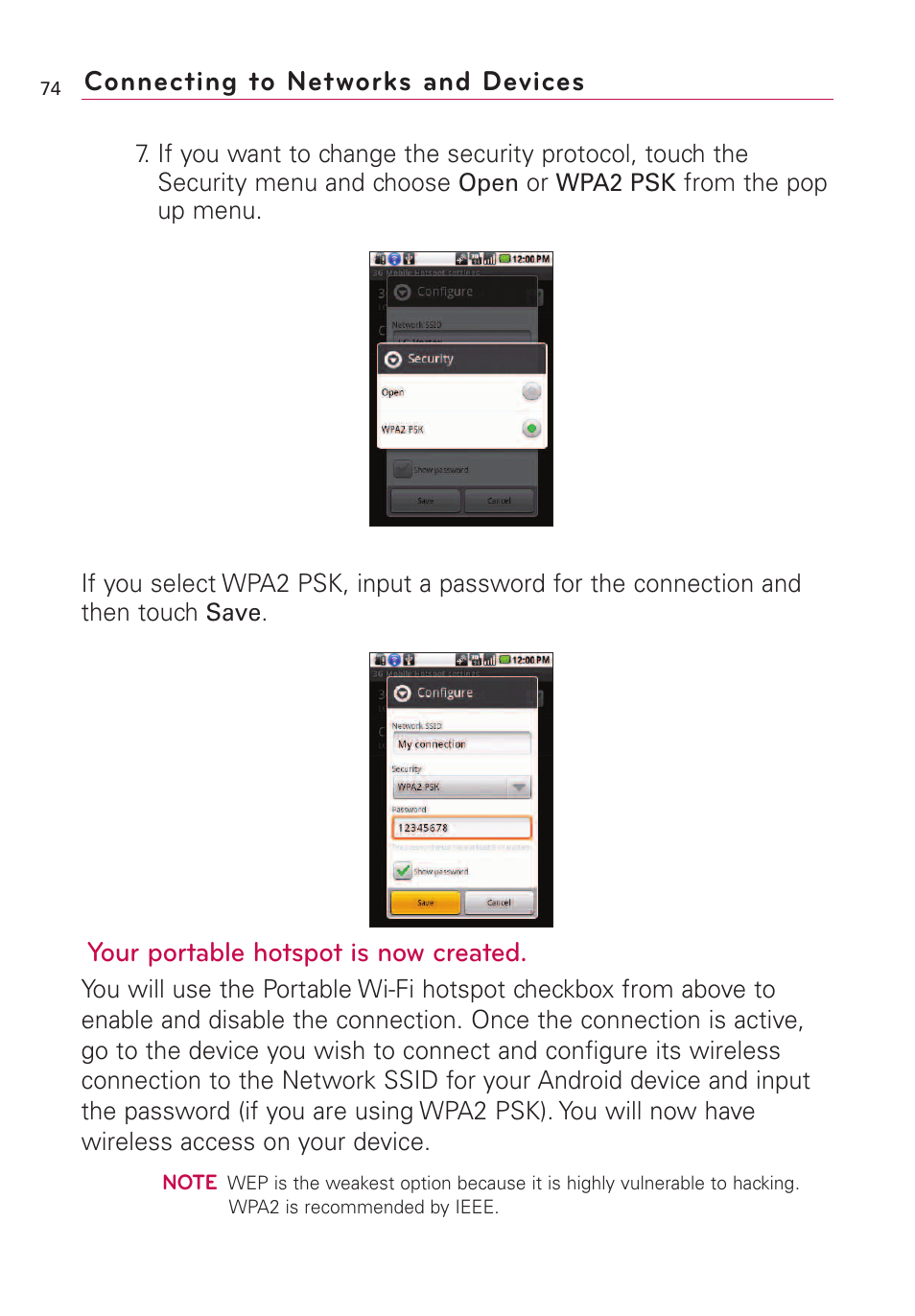Your portable hotspot is now created, Connecting to networks and devices | LG VS660 User Manual | Page 76 / 692