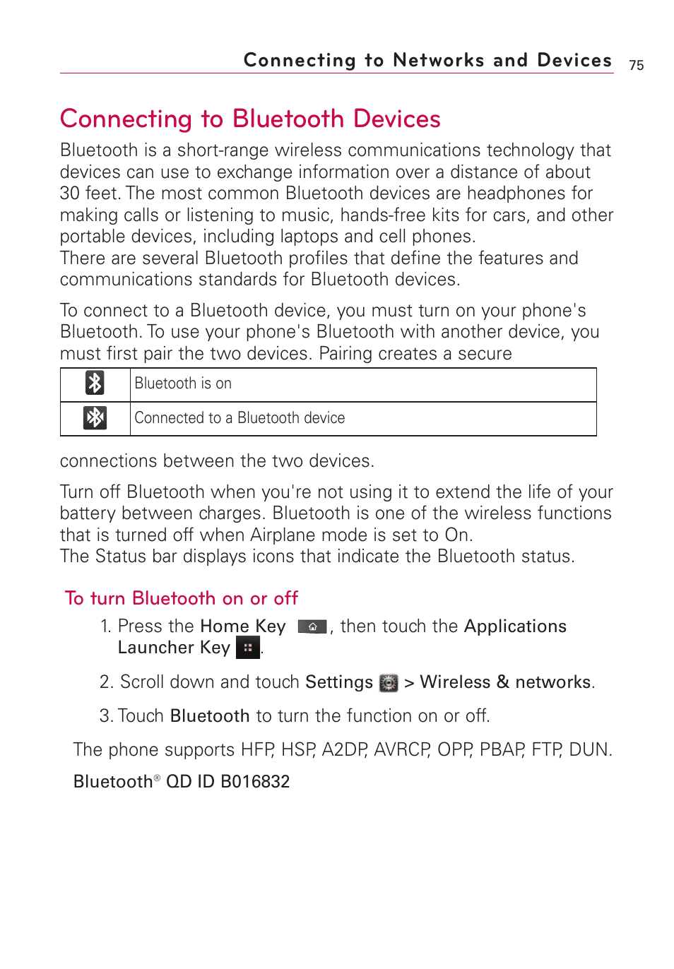 Connecting to bluetooth devices, Connecting to networks and devices | LG VS660 User Manual | Page 77 / 692