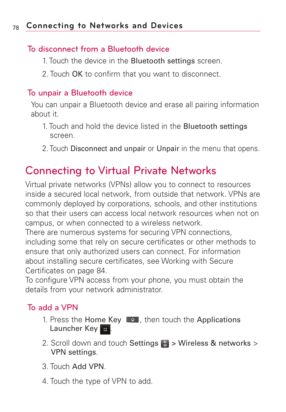 Connecting to virtual privat, Connecting to virtual private networks | LG VS660 User Manual | Page 80 / 692